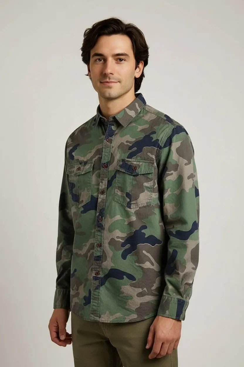 Washed Camouflage American Overalls Long Sleeve Shirt Dan Flashes